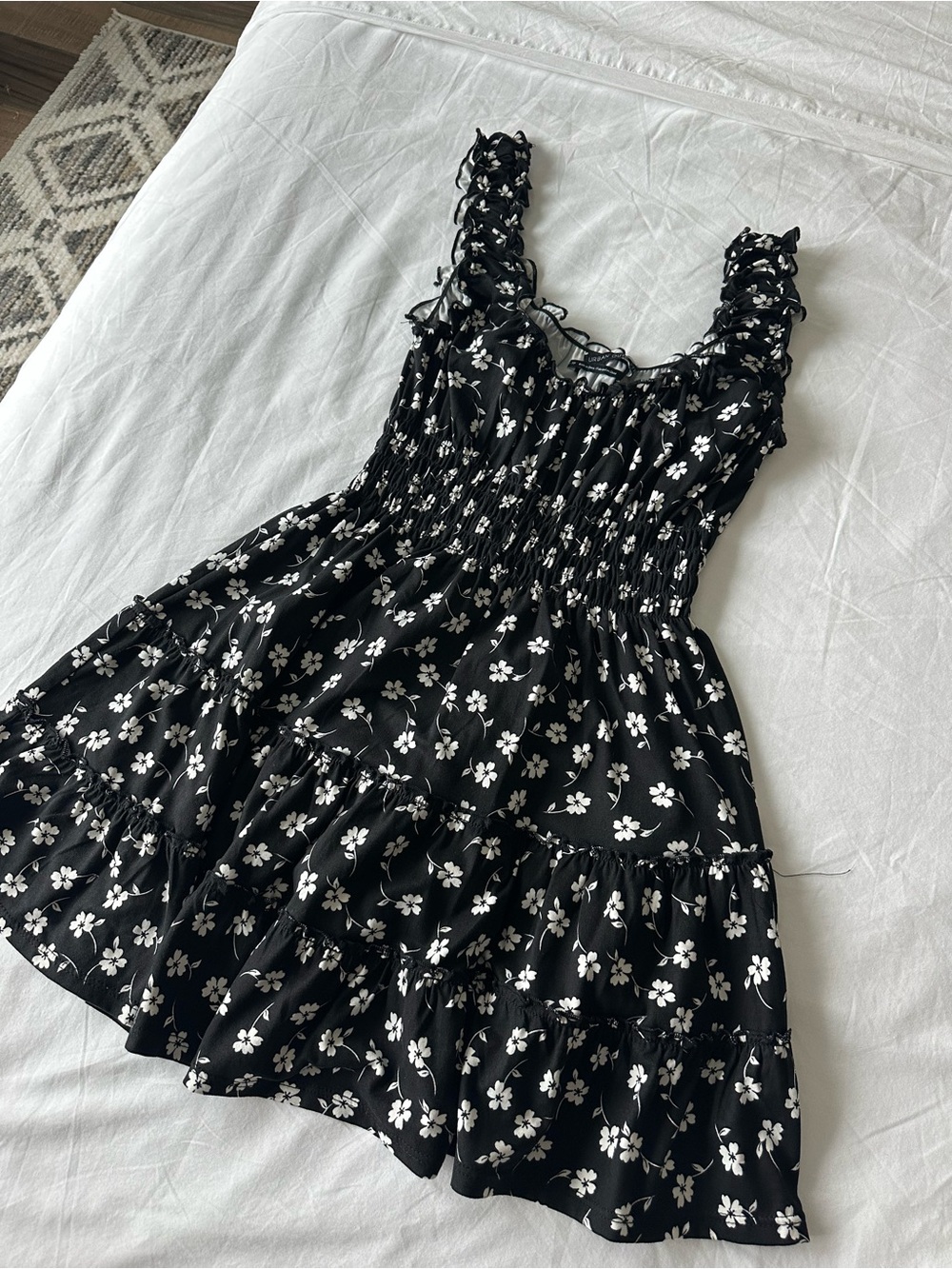 Black Floral Smocked Sundress with Ruffle Straps
